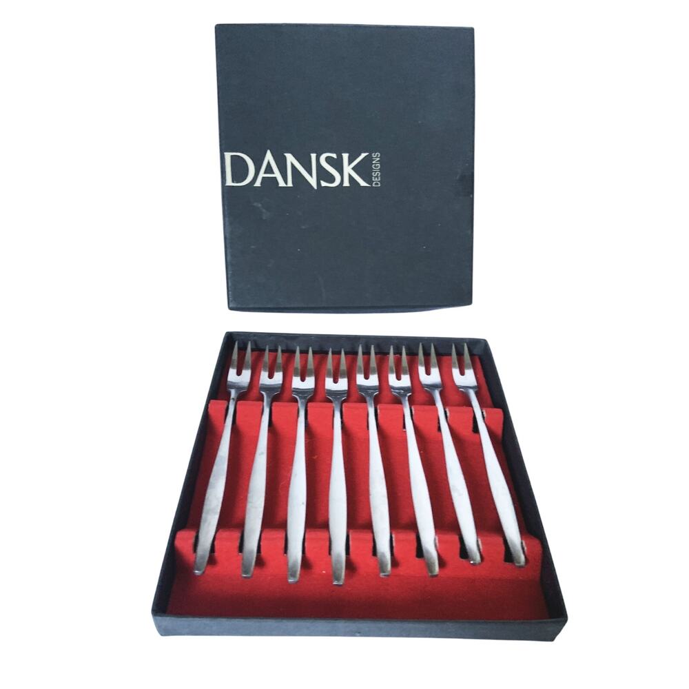Vintage Dansk Shrimp Forks Set of 8 in Original Box w Small Tear in Side Edge